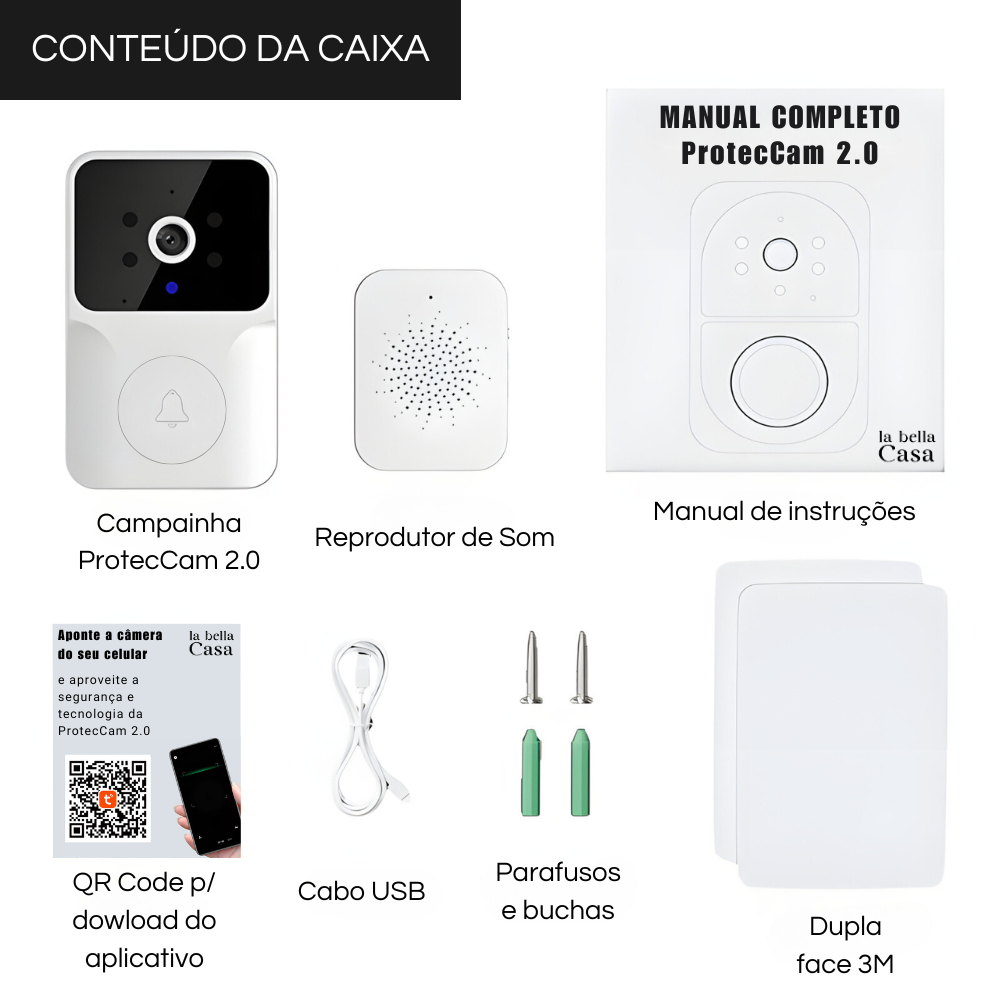 Campainha ProtecCam 2.0 - áudio bidirecional, câmera HD e conexão Wi-Fi.