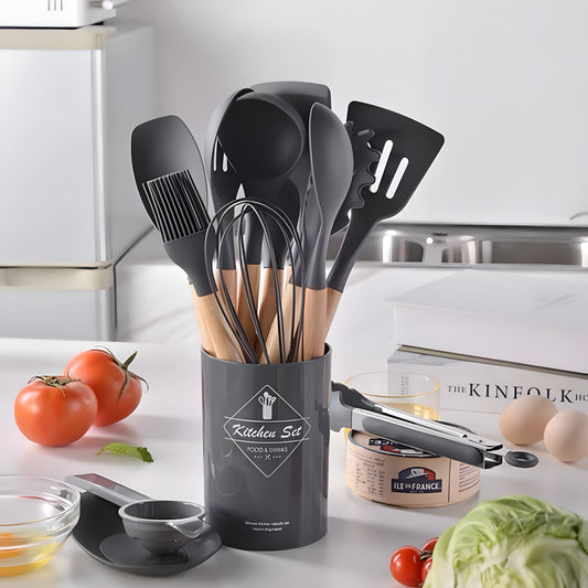 Kit Utensílios de Cozinha - Silicone e Madeira (5 ou 12 Peças) + Suporte