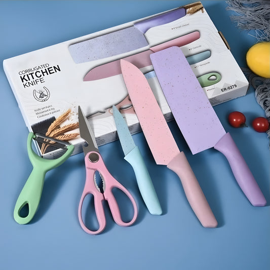 Kit Gourmet 6 Peças - Facas Coloridas, Tesoura e Descascador para Cozinha