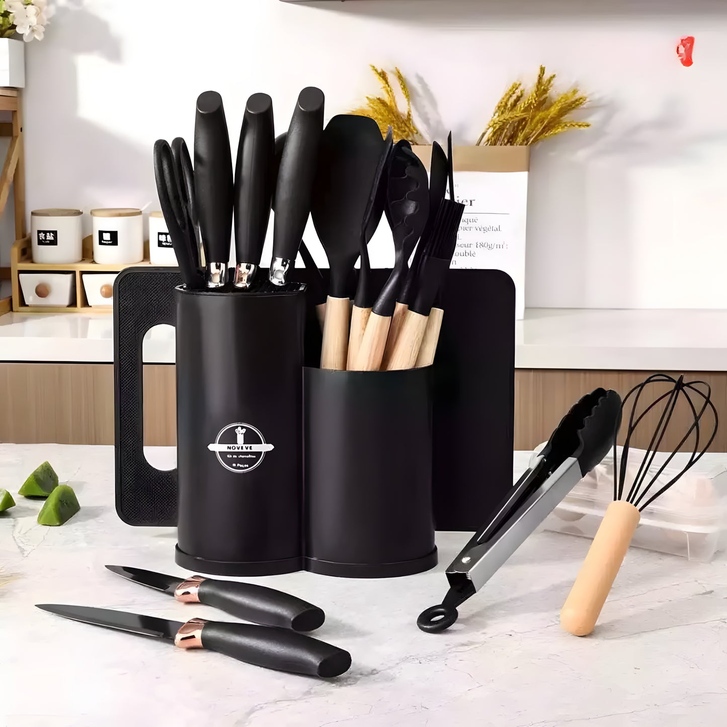 Kit 19 Peças de Utensílios de Cozinha Luxo - Completo com Tábua de Silicone, Espátula, Faca e Tesoura (1500g)